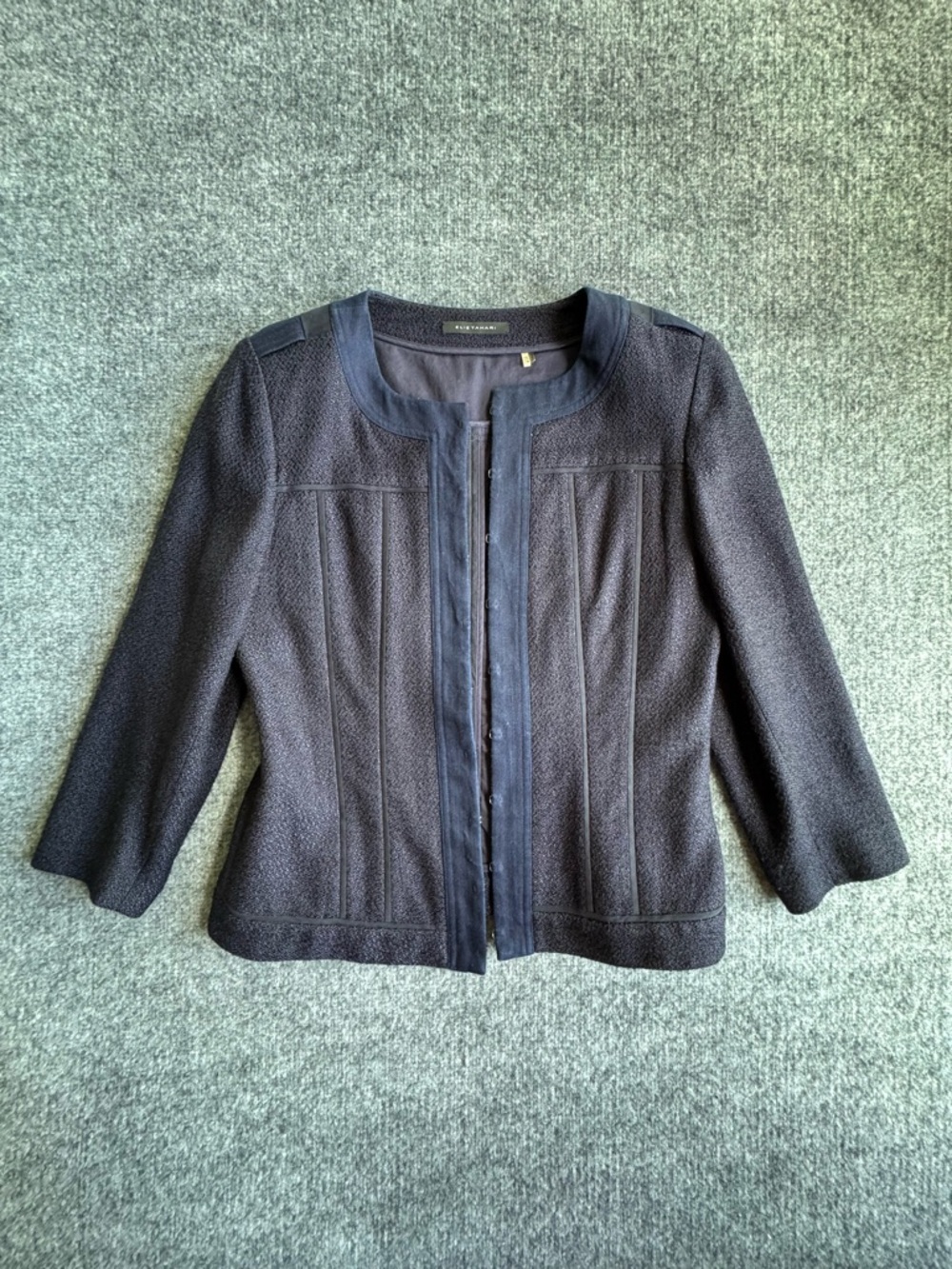 Elie Tahari Textured Collarless Blazer Jacket Waist Length Classic Navy Size 10